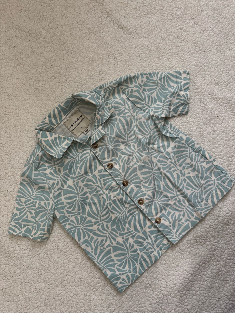Linen-Blend Kids Short-Sleeve Button-Up Shirt - Light Blue Leaf Print